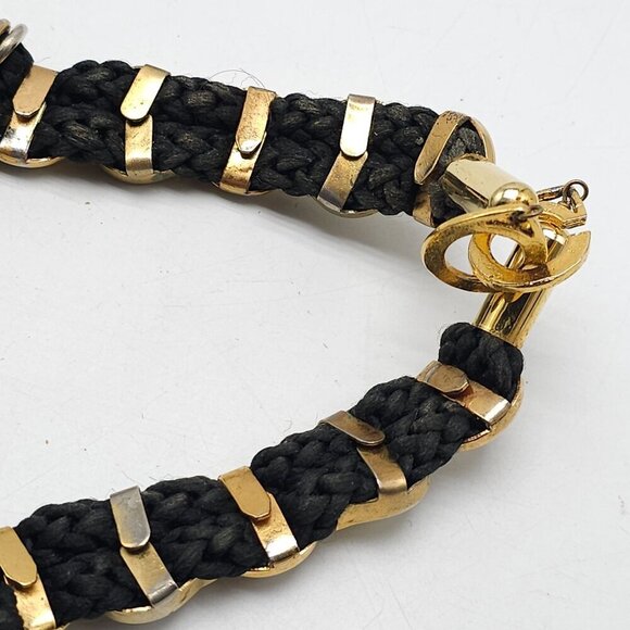 Gold Silver Tone Clear Rhinestone Steampunk Choker Black Braided Cord - Picture 5 of 7